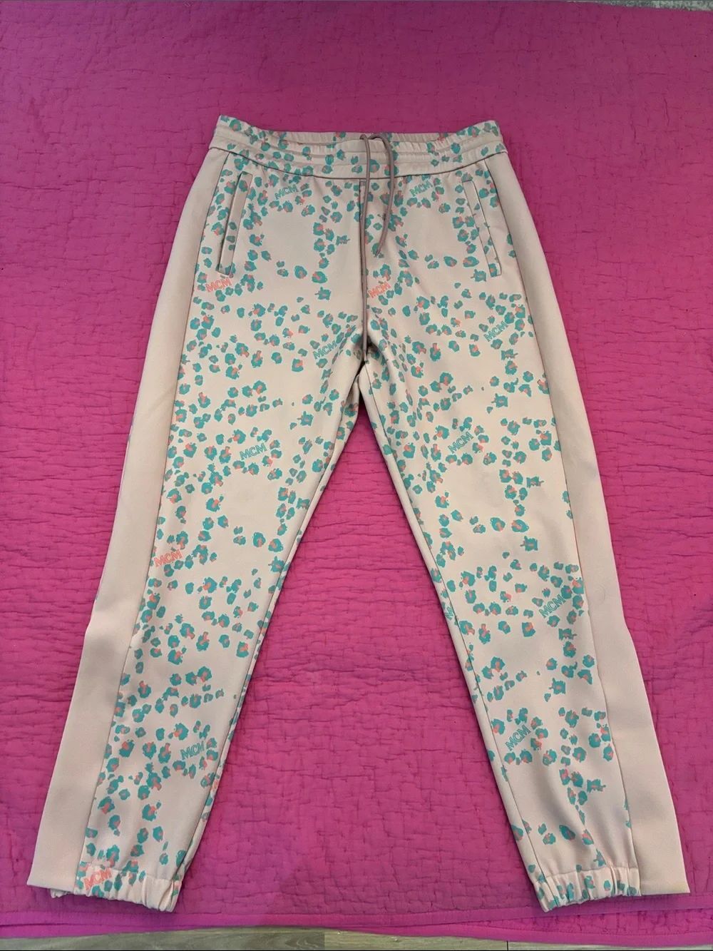 MCM Pink and Teal Leopard-Print Joggers, M